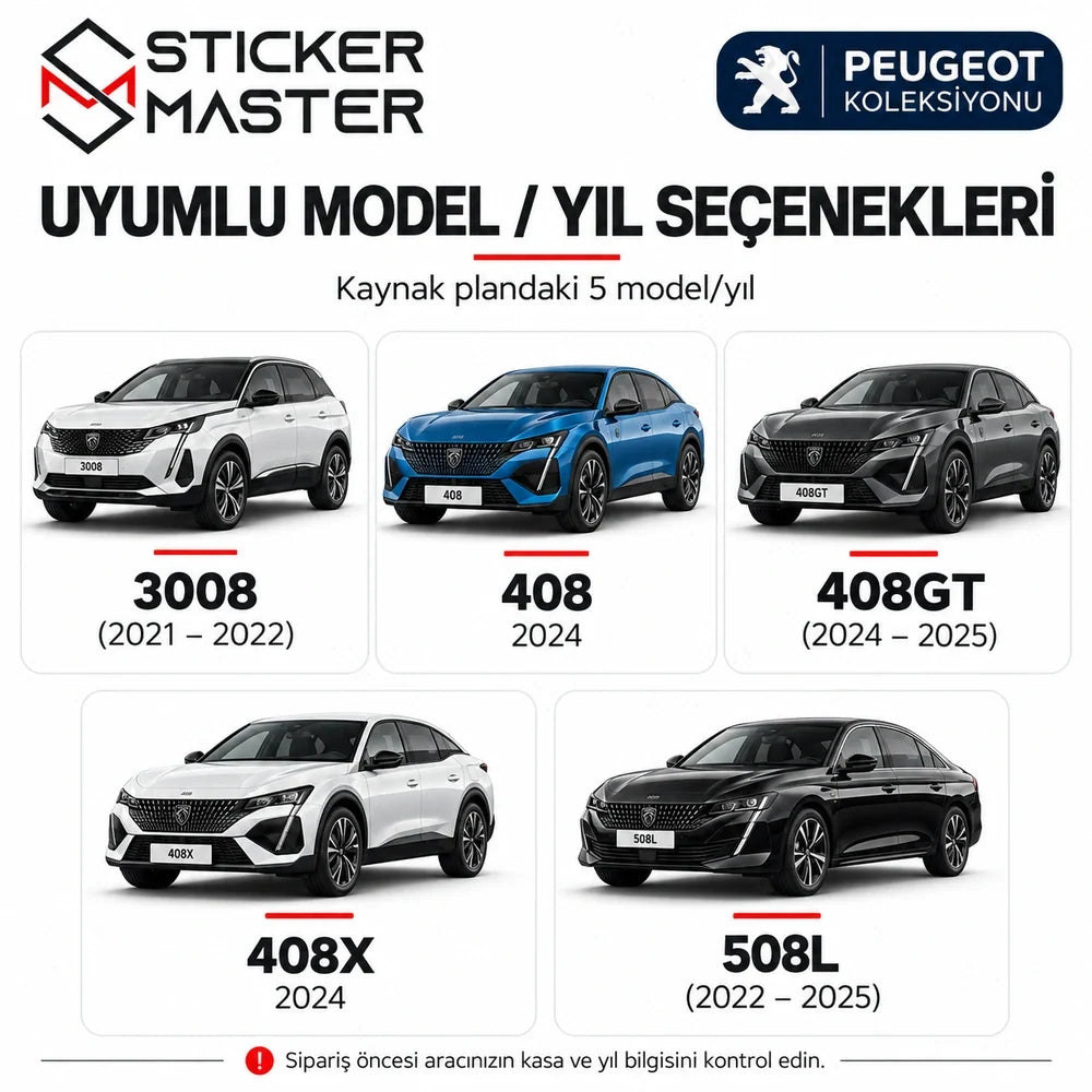 Peugeot uyumlu kapı direği sticker modelleri ve yılları: 3008 408 408GT 408X 508L