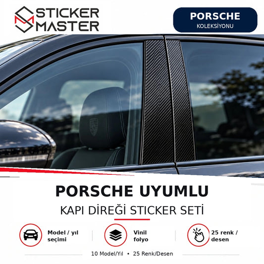 Porsche uyumlu kapı direği sticker seti B sütunu ana ürün ve karbon görünümü