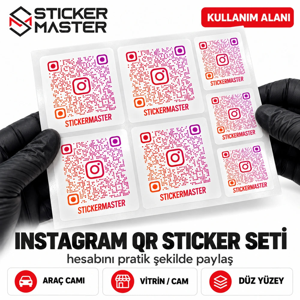 QR Instagram Sticker 7 Parça Set | araç camı, vitrin ve düz yüzey kullanım alanları – temsili QR