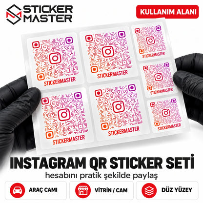 QR Instagram Sticker 7 Parça Set | araç camı, vitrin ve düz yüzey kullanım alanları – temsili QR