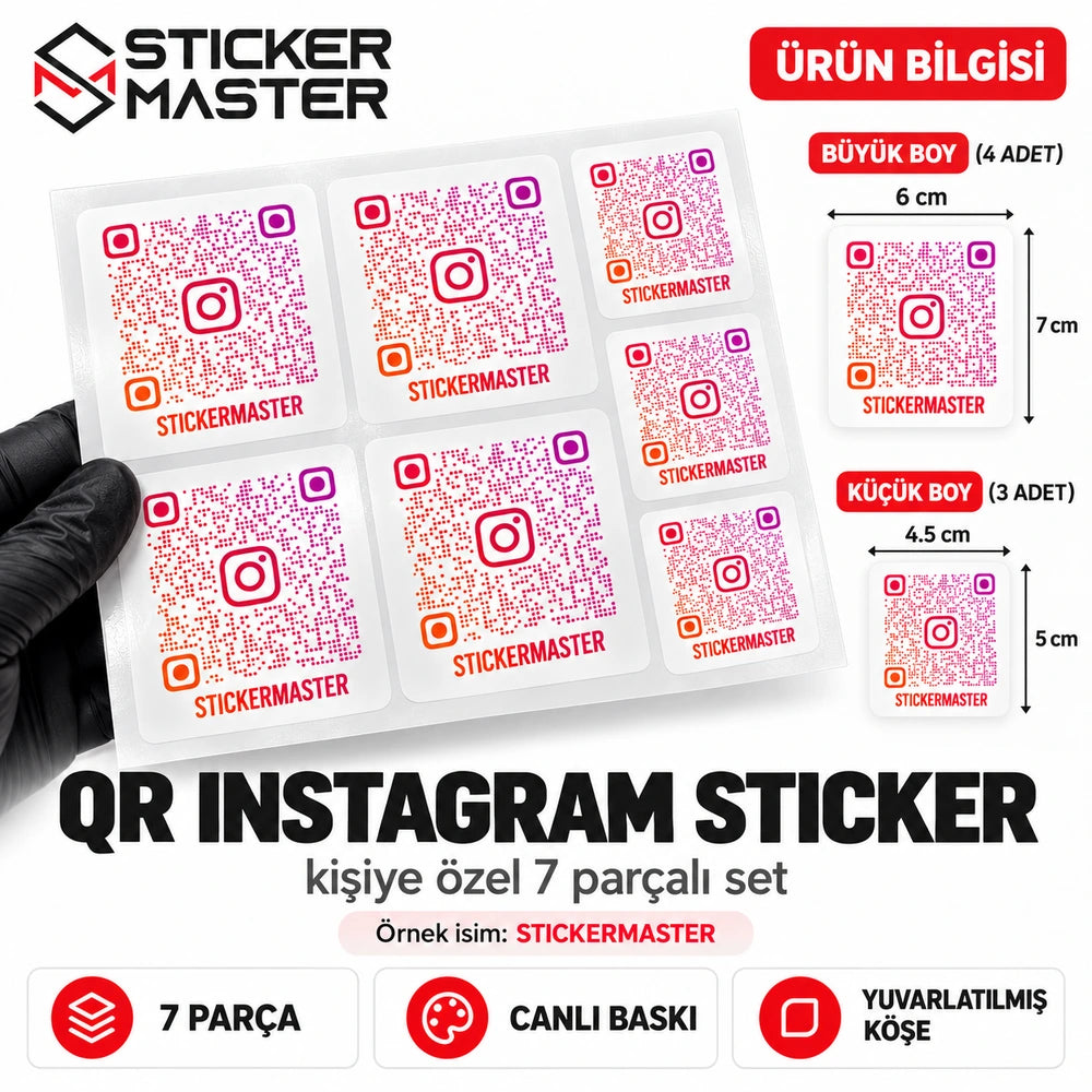QR Instagram Sticker 7 Parça Set | 4 büyük 6x7 cm ve 3 küçük 4,5x5 cm ölçü bilgisi