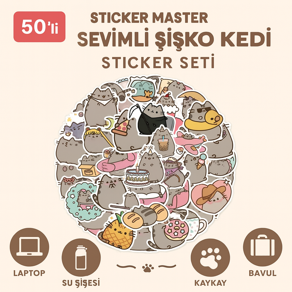 Sticker Master 50’li Sevimli Şişko Kedi Sticker Seti Laptop, Su Şişesi, Kaykay ve Daha Fazlası İçin Renkli PVC Etiketler