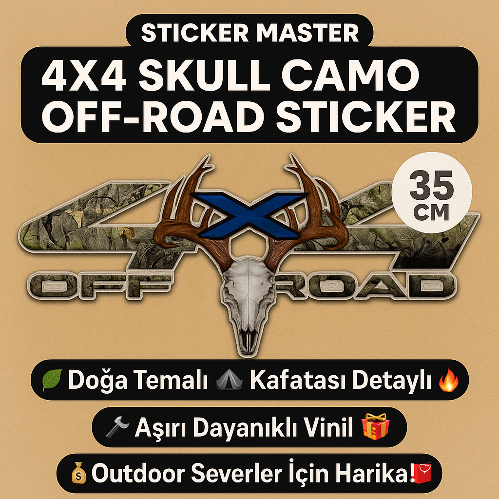 Sticker Master 4x4 Skull Camo Off-Road Sticker – 35 cm Avcı Ruhu, Doğanın İçinden!