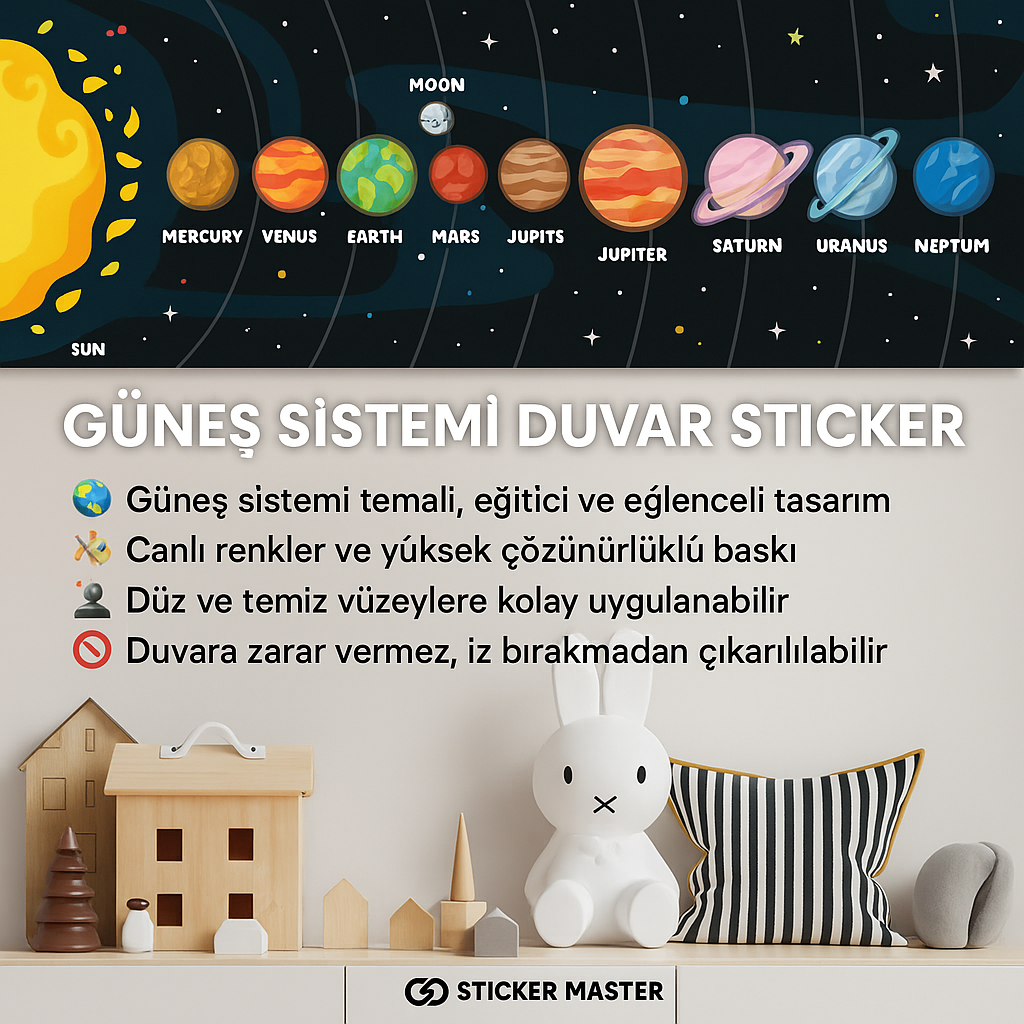 Sticker Master Güneş Sistemi Duvar Stickerı – Çocuk Odası İçin Eğitici Gezegen Etiket Seti
