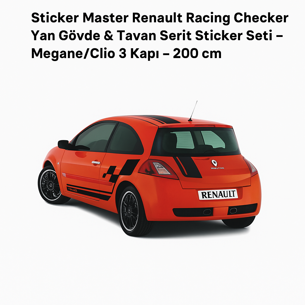 Sticker Master Renault Racing Checker Yan Gövde & Tavan Şerit Sticker Seti – Megane/Clio 3 Kapı (200 cm)