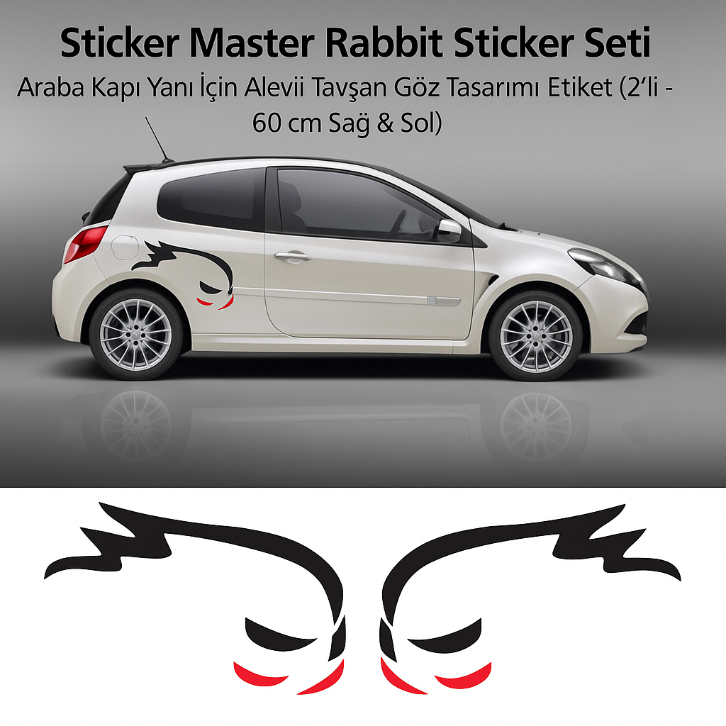 Sticker Master Rabbit Sticker Seti - Araba Kapı Yanı İçin 2’li Alevli Tavşan Göz Tasarımı Etiket (60 cm - Sağ & Sol)