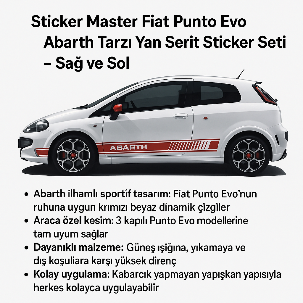 Sticker Master Fiat Punto Evo Abarth Tarzı Yan Şerit Sticker Seti – Sağ ve Sol