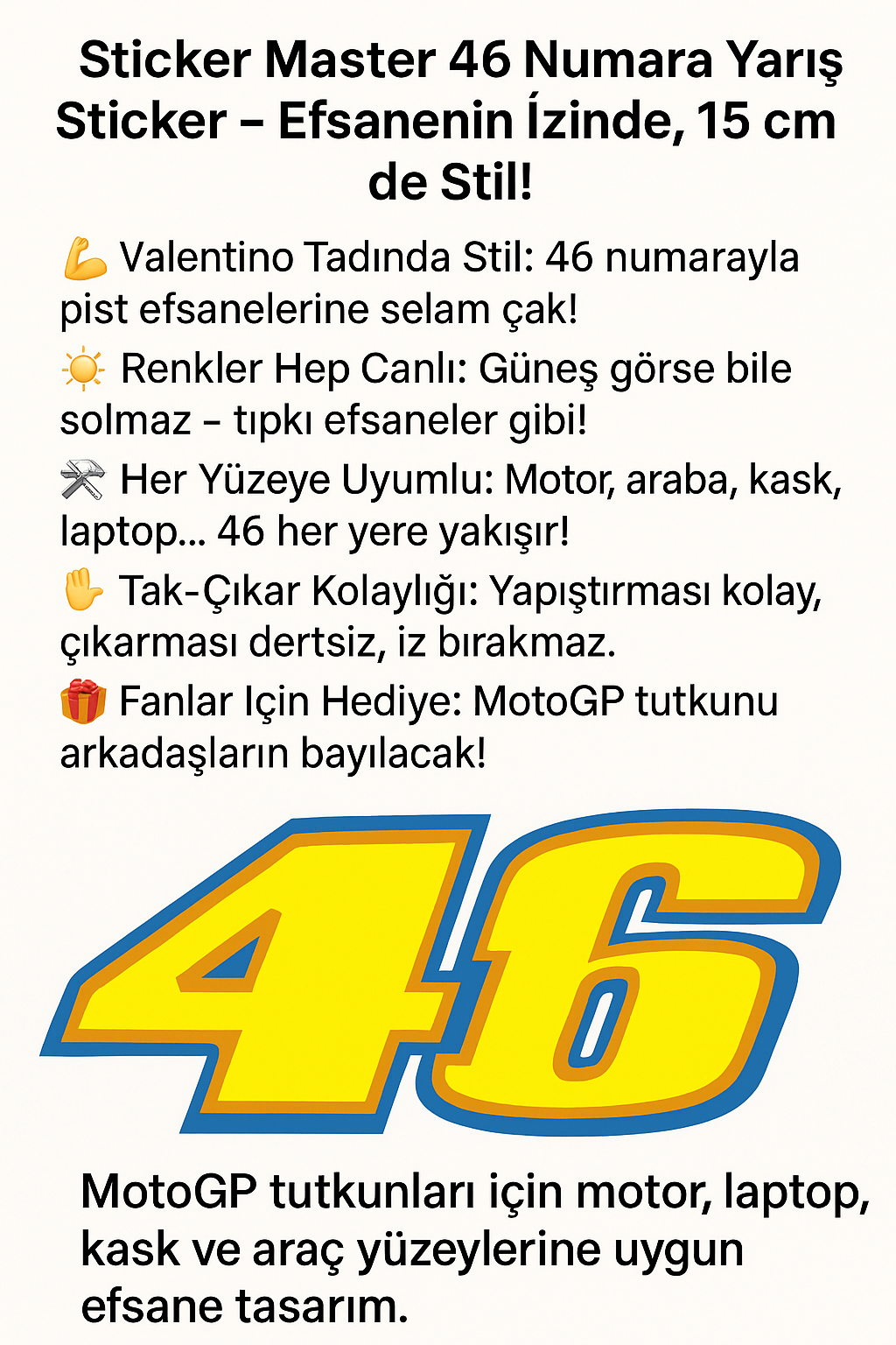 Sticker Master 46 Rossi Sticker Motor, Kask, Laptop, Araba, Oto Araç İçin Dayanıklı Etiket Decal 15 Cm