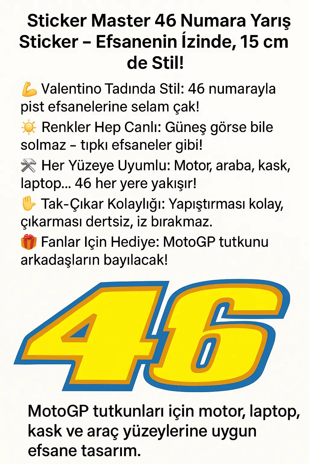 46 Rossi Sticker Motor, Kask, Laptop, Araba, Oto Araç İçin Dayanıklı Etiket Decal 15 Cm - Sticker Master