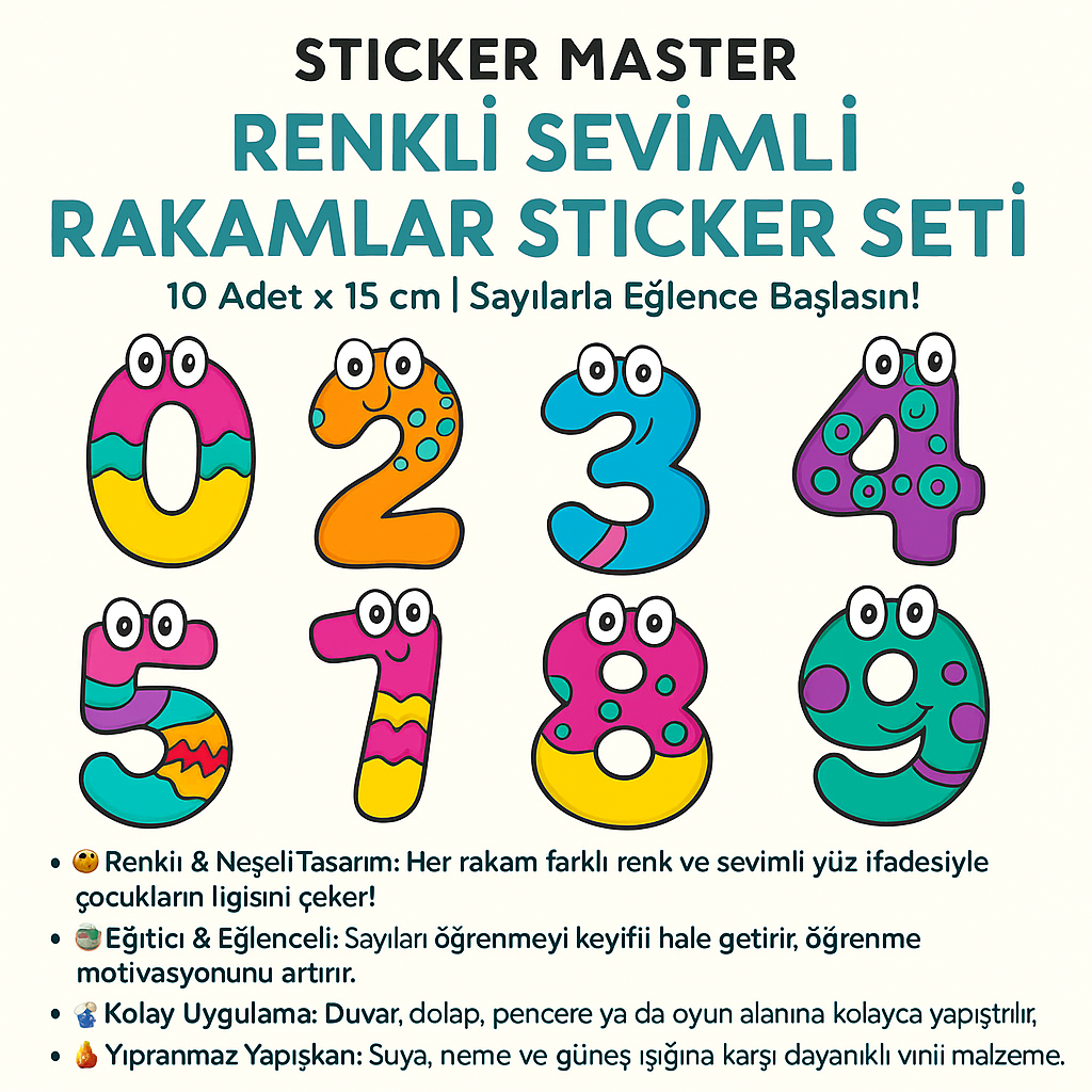 Sticker Master Renkli Sevimli Rakamlar Sticker Seti – 10 Adet x 15 cm | Sayılarla Eğlence Başlasın!