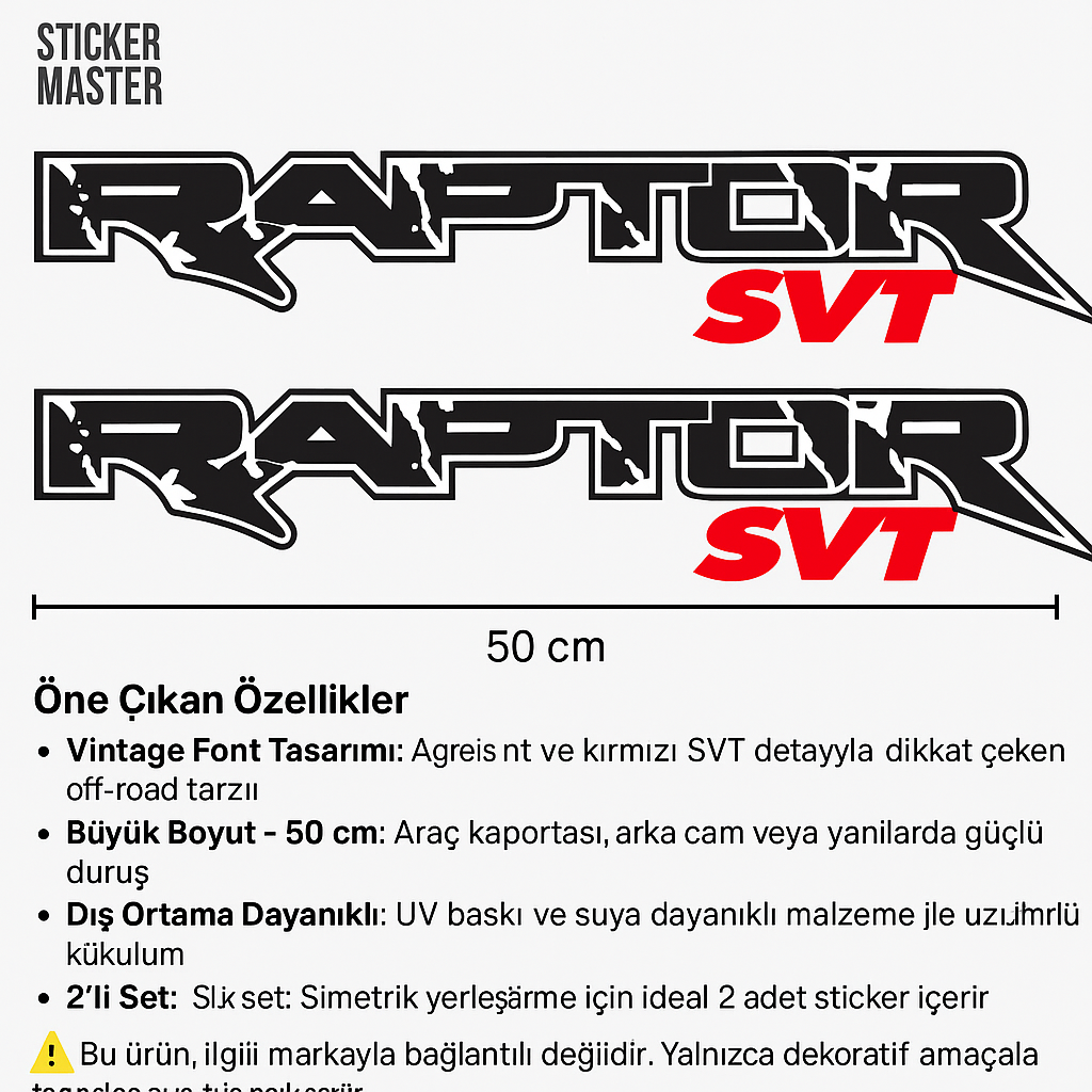 Sticker Master Raptor SVT Sticker Seti - Araba, Pickup, Cam ve Kaporta İçin Off-Road Tasarımlı Etiket (2 Adet - 50 cm)