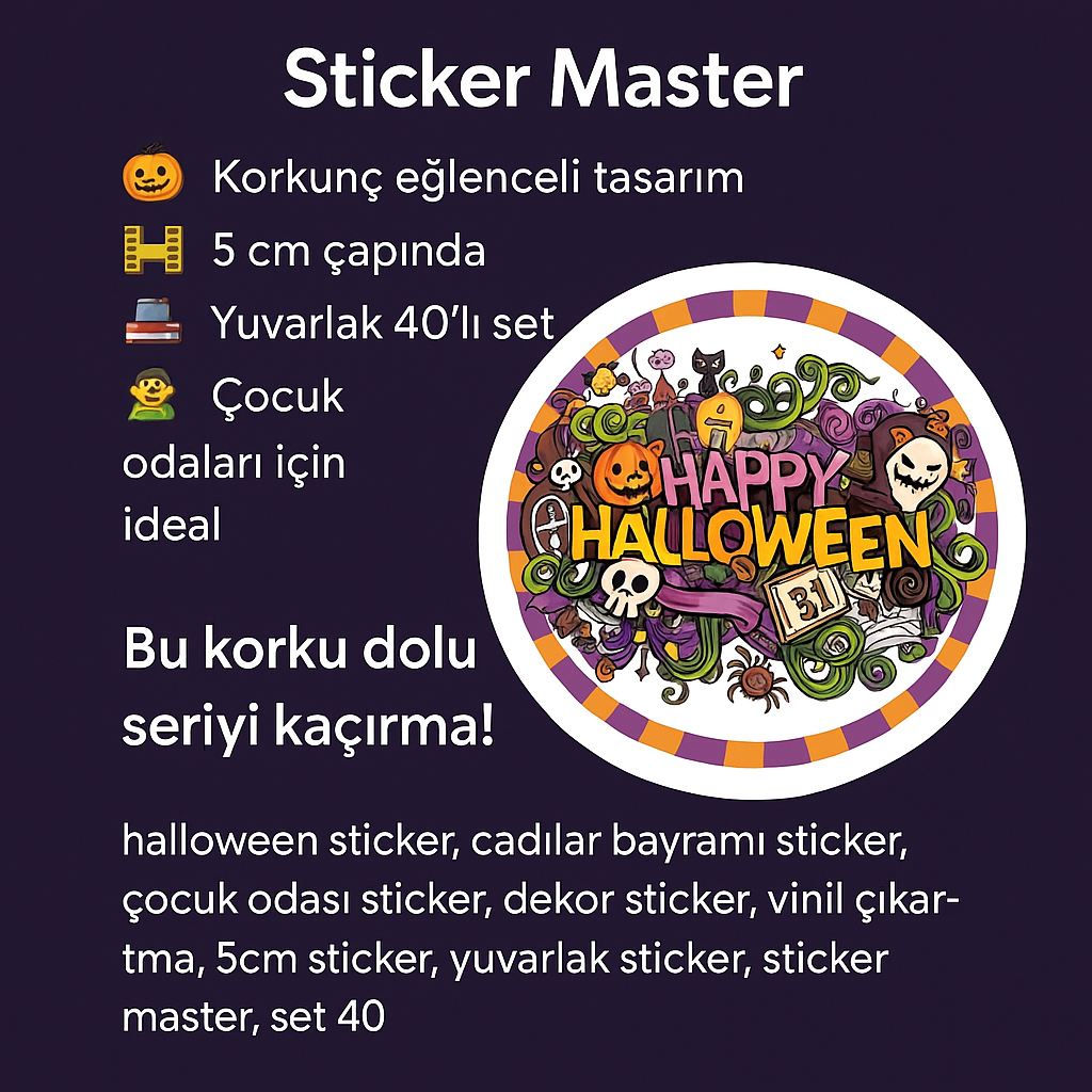Sticker Master Happy Halloween Yılbaşı Sticker 40 Adet 5 Cm Etiket Yapışkanlı