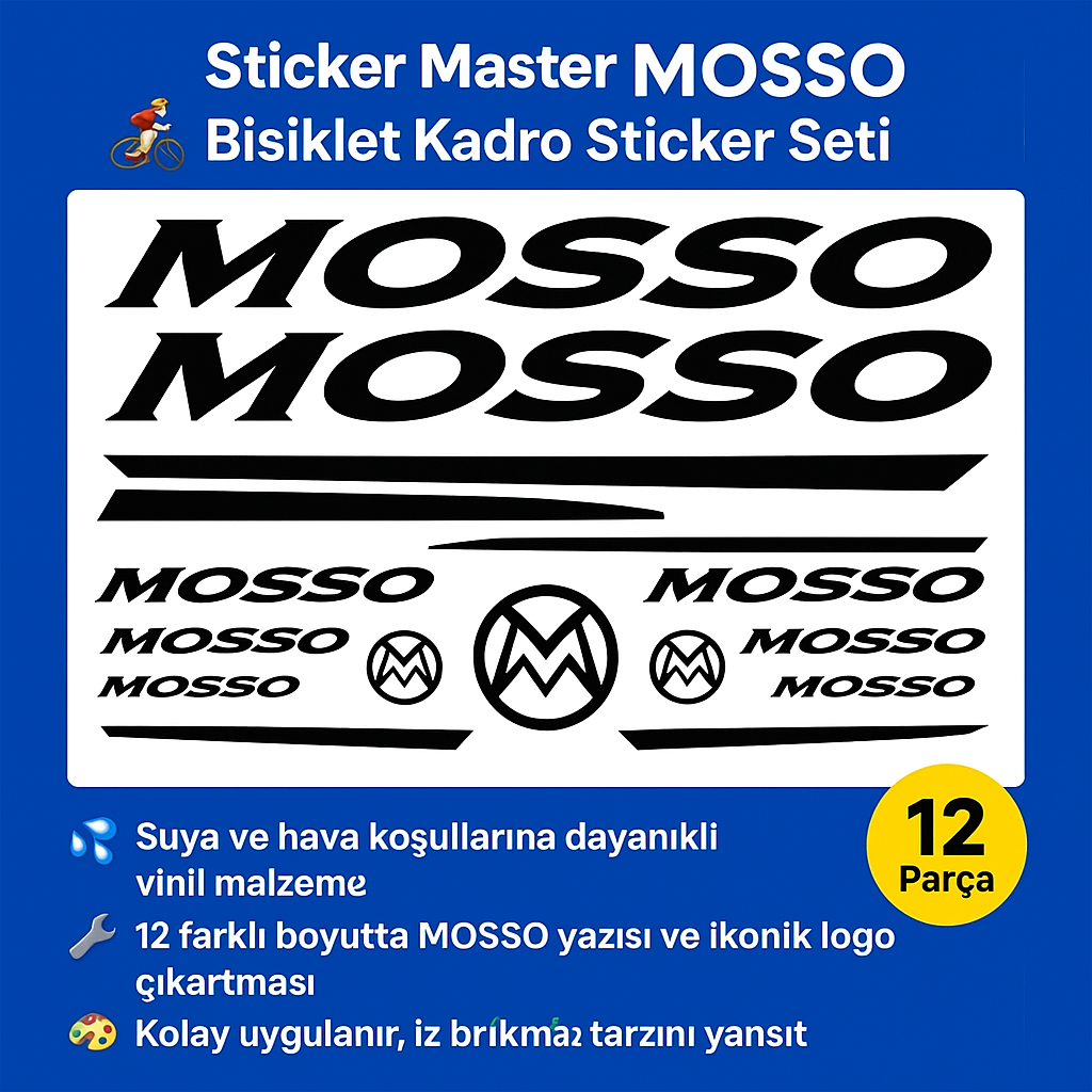 Sticker Master Mosso Bisiklet Kadro Sticker Seti – Su Geçirmez Vinil Etiketler (12 Parça)