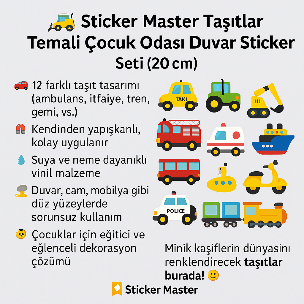 Sticker Master – Taşıtlar Temalı Çocuk Odası Duvar Sticker Seti (20 cm)