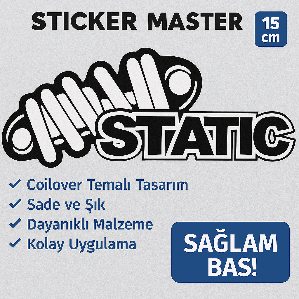 Sticker Master Static Coilover Sticker – Araba, Kask, Laptop İçin Siyah-Beyaz Etiket 15 cm