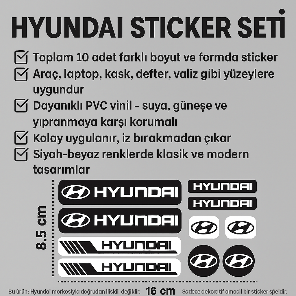 Sticker Master Hyundai Sticker Seti – 10 Parça Farklı Boyutlarda Dekoratif Etiket