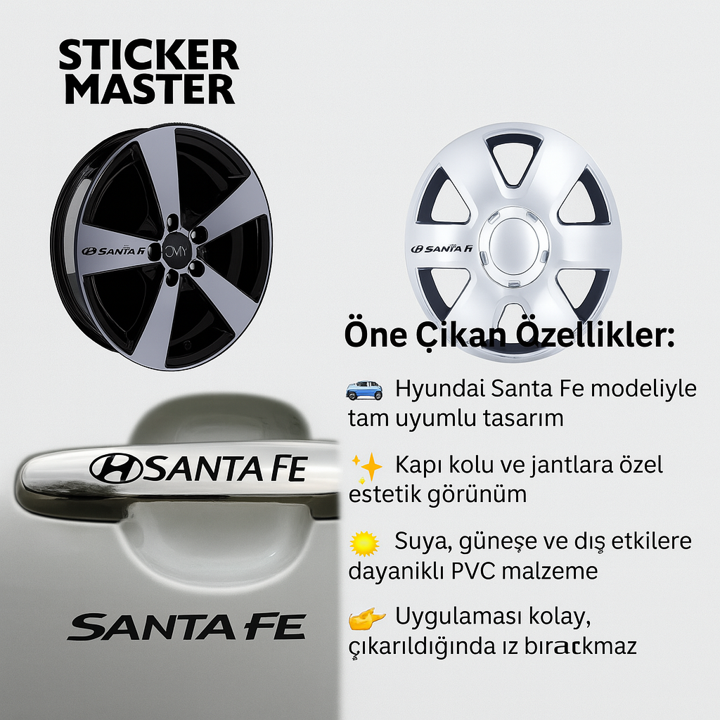 Sticker Master Hyundai Santa Fe Kapı Kolu ve Jant Sticker Seti – 10 Adet