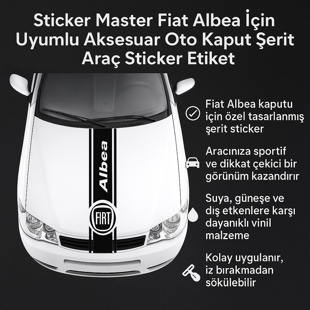 Sticker Master Fiat Albea İçin Uyumlu Aksesuar Oto Kaput Şerit Araç Sticker Etiket - Sportif Tasarım