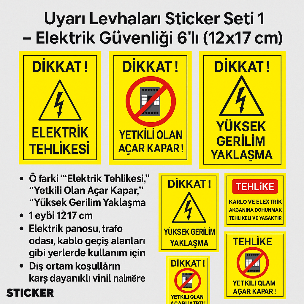 Sticker Master Uyarı Levhaları Sticker Seti 1 – Elektrik Güvenliği 6'lı (12x17 cm)