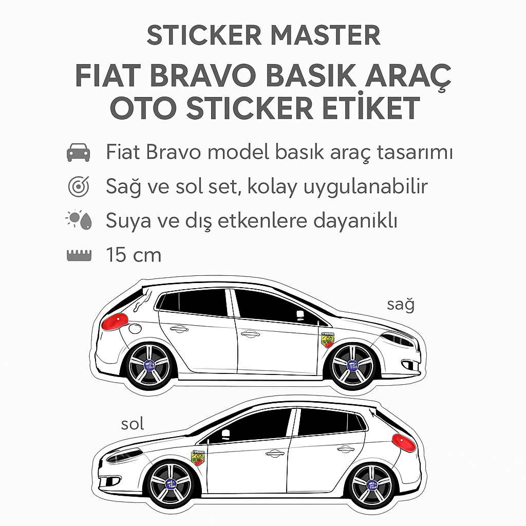 Sticker Master Fiat Bravo Basık Araç Oto Sticker Etiket - Sağ ve Sol Set - 15 Cm