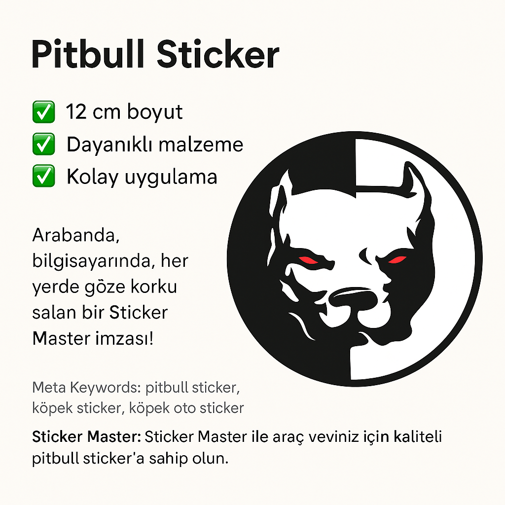 Sticker Master Pitbull Sticker Motor, Kask, Laptop, Araba, Oto Araç İçin Dayanıklı Etiket Decal 12 Cm