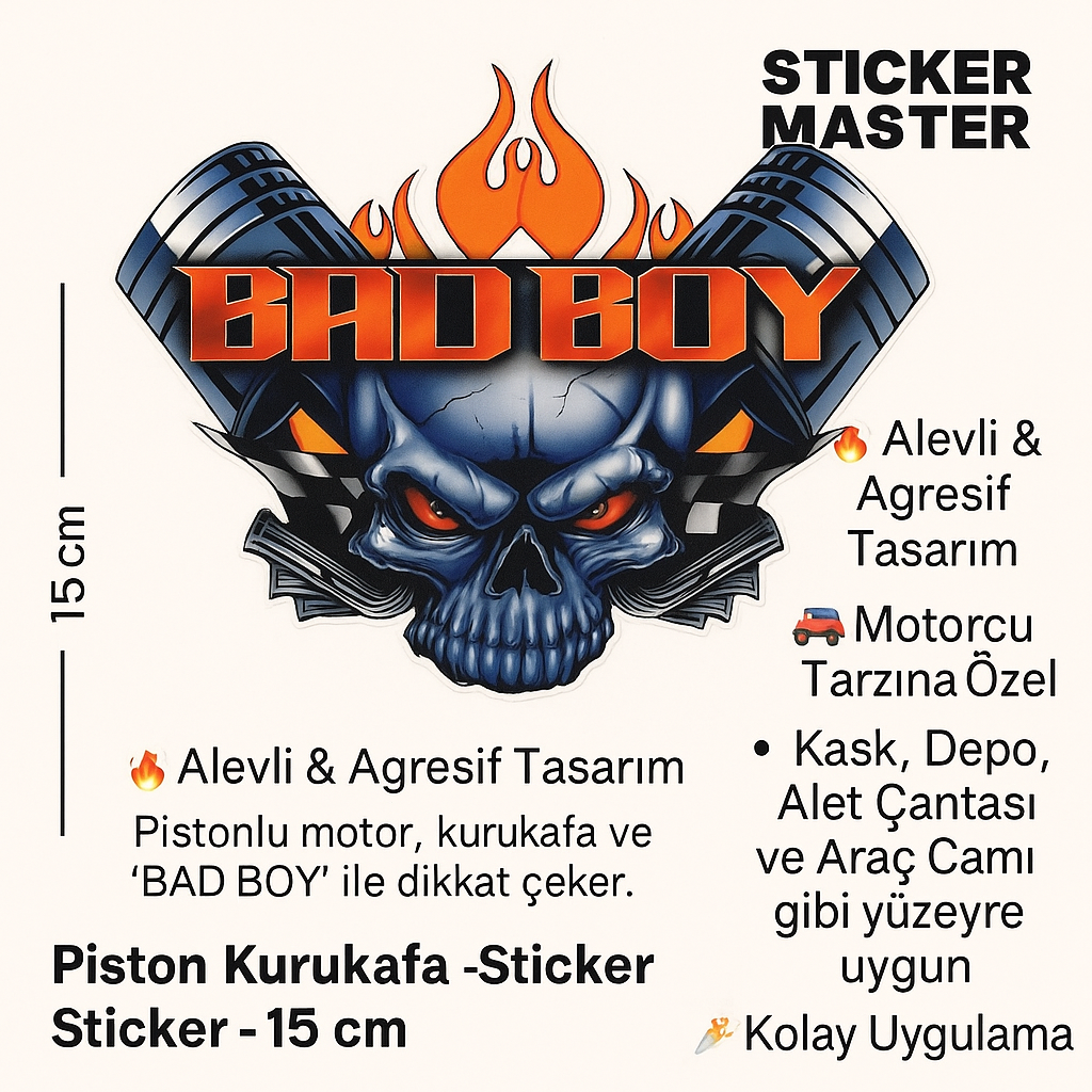 Sticker Master Bad Boy Piston Kurukafa Sticker – 15 Cm Alevli Motor Tasarımı