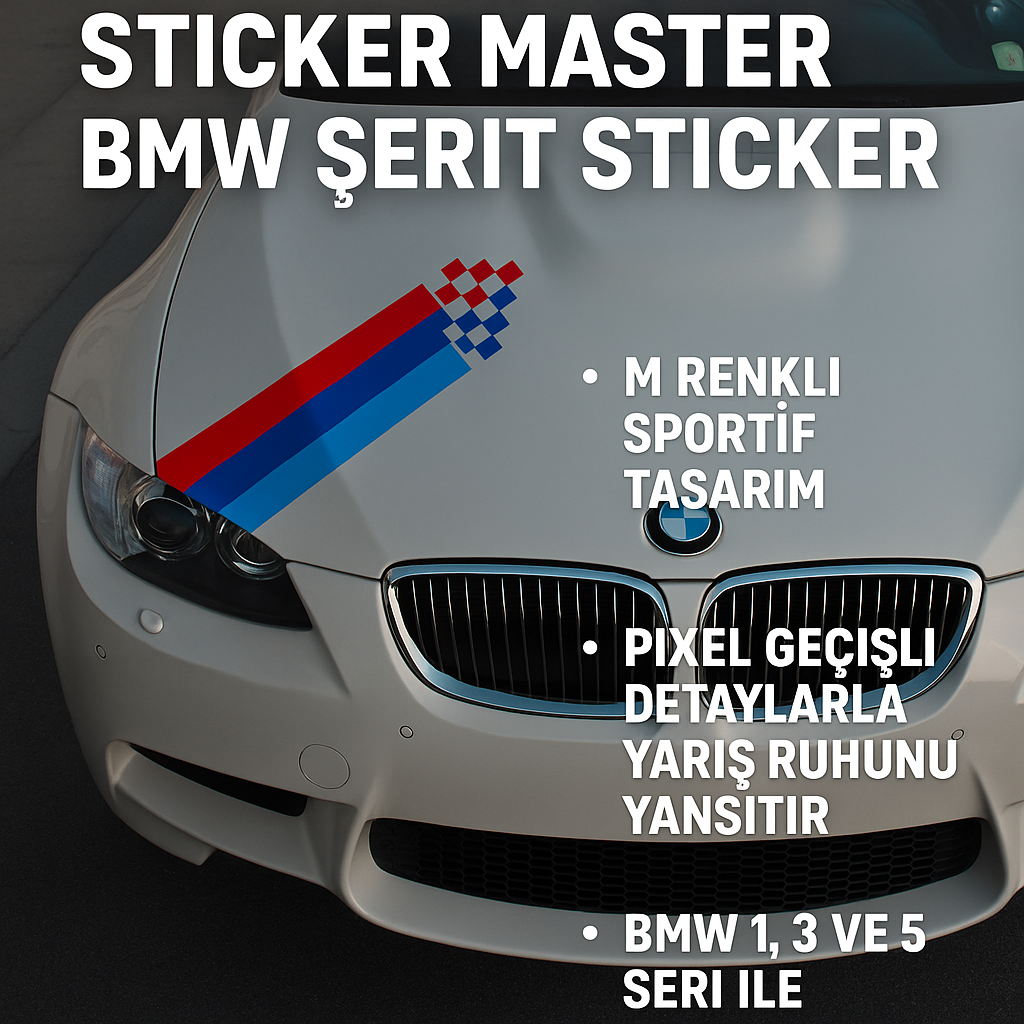 Sticker Master BMW Şerit Sticker – M Renkli Pixel Tarzı Kaput & Bagaj Uyumlu Araç Çıkartması