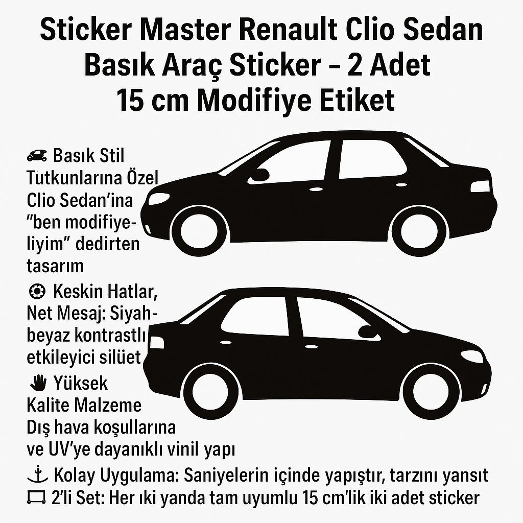 Sticker Master Renault Clio Sedan Basık Araç Sticker – 2 Adet 15 cm Modifiye Etiket
