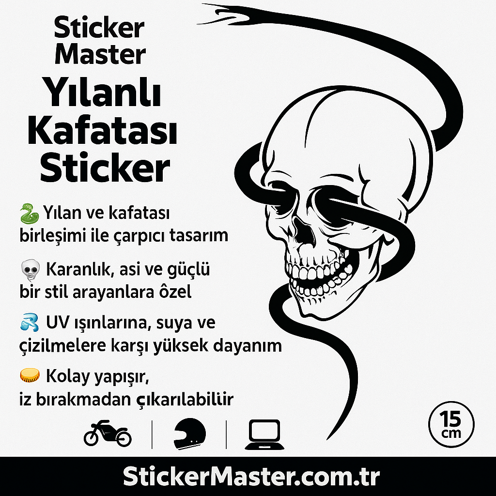 Sticker Master Yılanlı Kafatası Sticker - Motor, Kask, Laptop, Araba ve Oto Araç İçin Dayanıklı Etiket (15 cm)