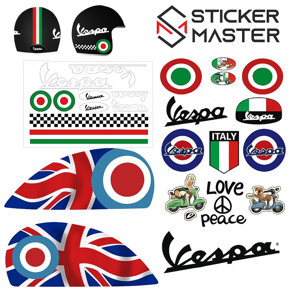 Sticker Master Vespa 3’lü Sticker Seti – Yan Grenaj, Kask ve Gövde Etiketi