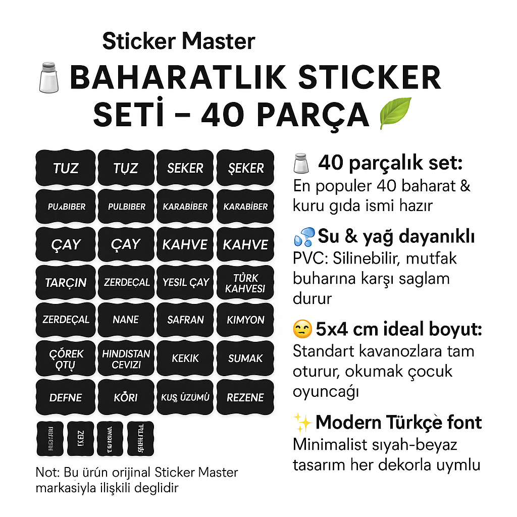 Sticker Master Baharatlık Sticker Seti – 40 Parça Su-&-Yağ Dayanıklı Kavanoz Etiketi