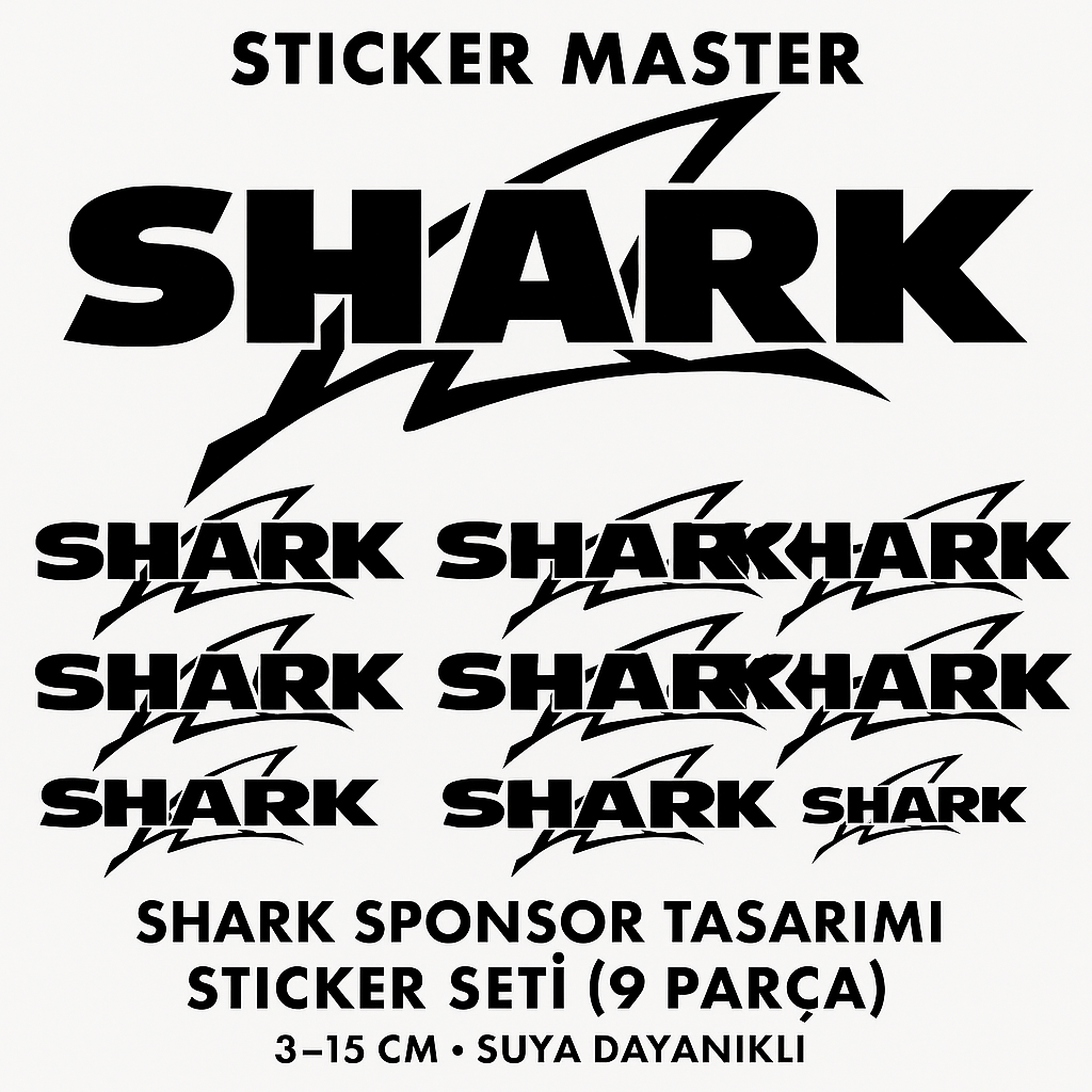 Sticker Master SHARK Sponsor Sticker Seti – 9 Parça Siyah Logo Etiket