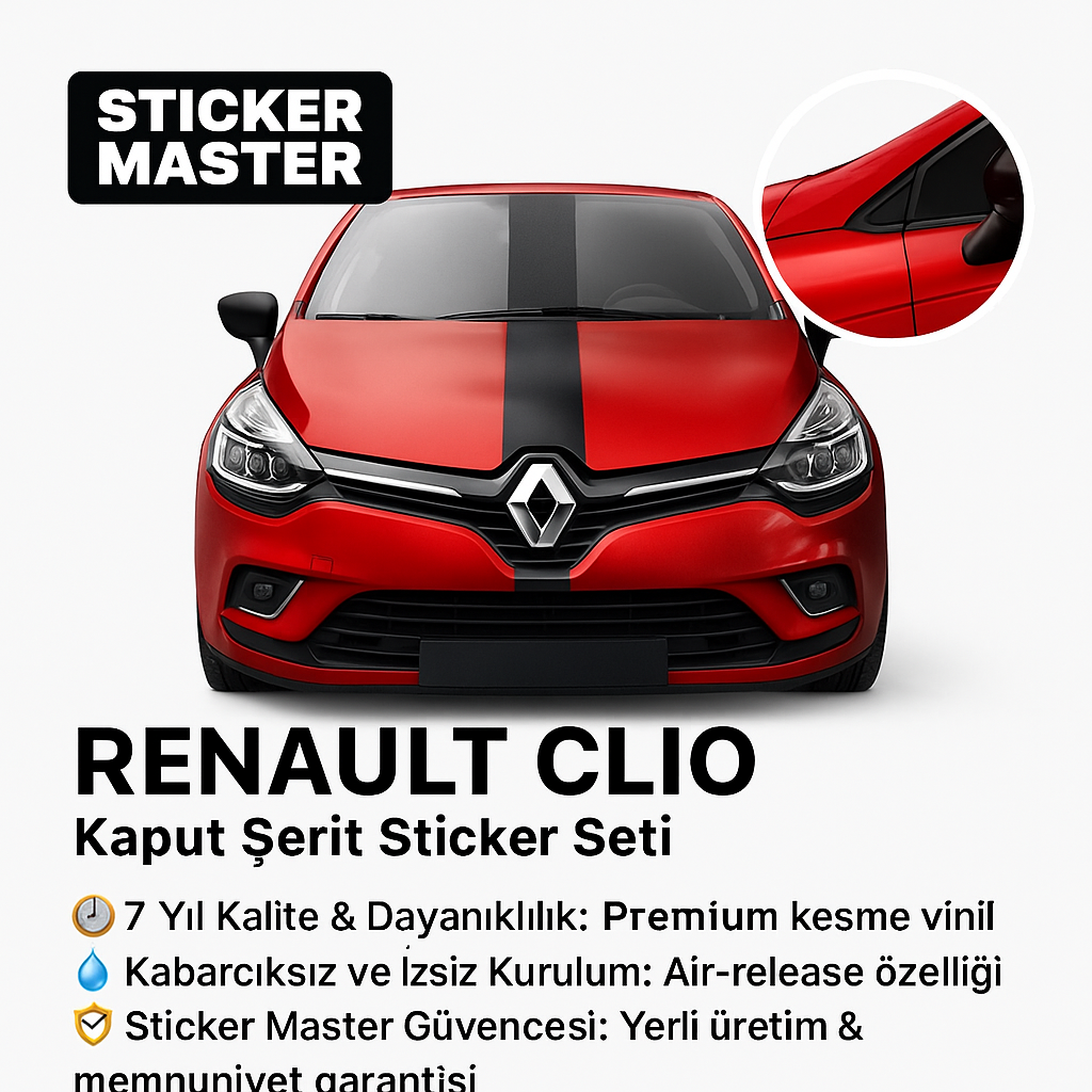 Sticker Master Renault Clio Kaput Şerit Sticker Seti – 20 cm x 150 cm Mat Siyah Racing Stripe