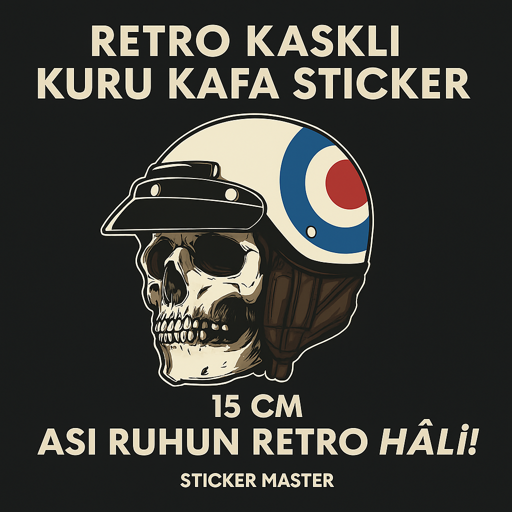 Sticker Master Retro Kasklı Kuru Kafa Sticker – 15 cm | Asi Ruhun Retro Hali!