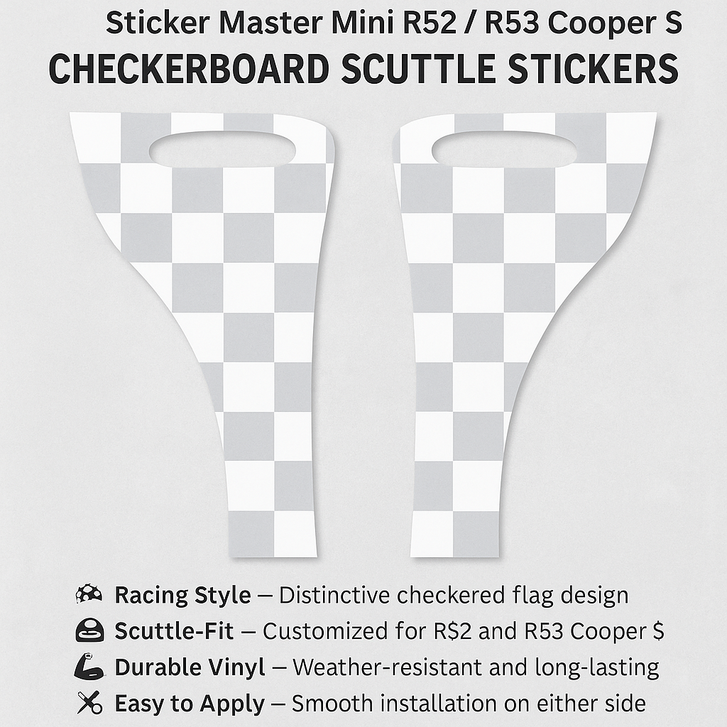 Sticker Master Mini R52 / R53 Cooper S Checkmate Scuttle Yan Çamurluk Sticker – Dama Tahtası Deseniyle Yarışı Başlat!