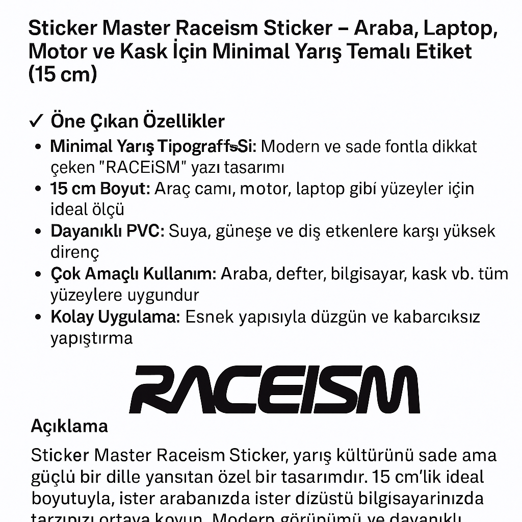 Sticker Master Raceism Sticker - Araba, Laptop, Motor ve Kask İçin Minimal Yarış Temalı Etiket (15 cm)
