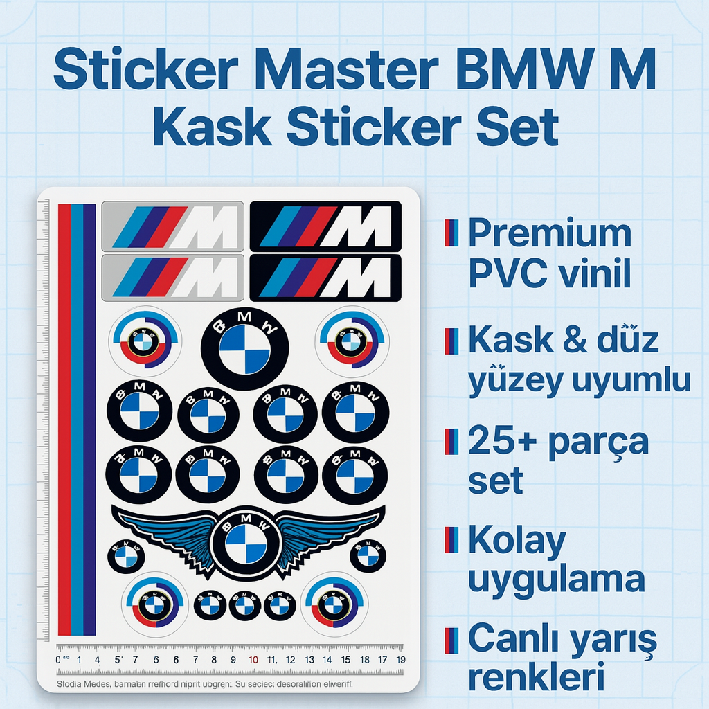 Sticker Master BMW M Mavi Motosiklet Kask Sticker Çıkartma Seti – 25 + Parça, Suya & UV’ye Dayanıklı Vinil