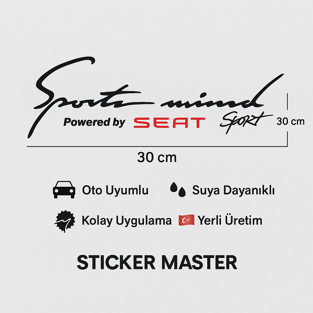 Sticker Master Seat Sport Mind Sticker - Araba Camı veya Kaput İçin Dayanıklı Yazı Stickerı - 30 cm