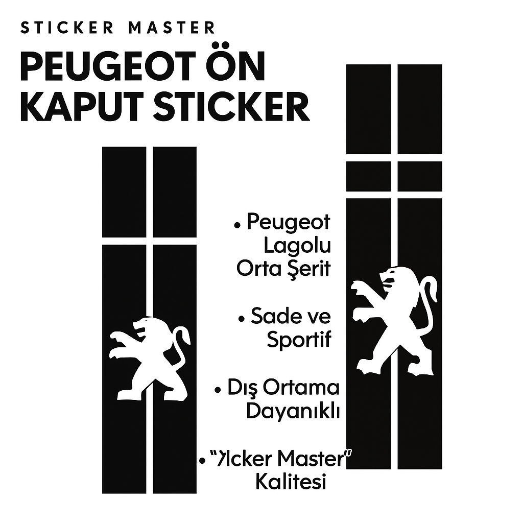 Sticker Master Peugeot Ön Kaput Sticker – Aslan Logolu Şerit Tasarım (Orta Hat)