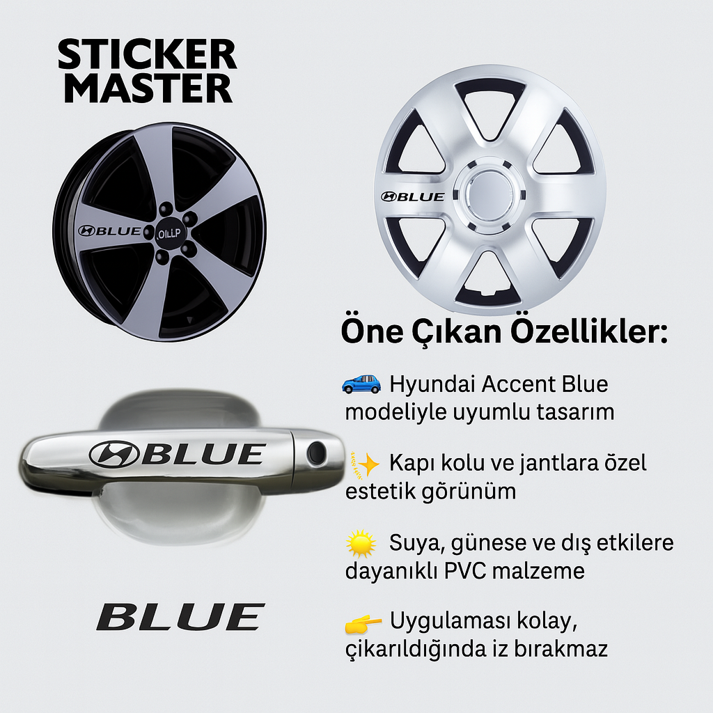 Sticker Master Hyundai Accent Blue Kapı Kolu ve Jant Sticker Seti – 10 Adet