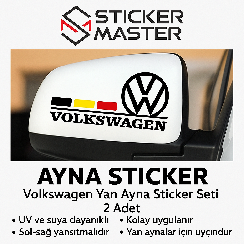 Sticker Master Volkswagen Yan Ayna Sticker Seti – Alman Bayrak Şeritli, Suya & UV’ye Dayanıklı (2 Adet)