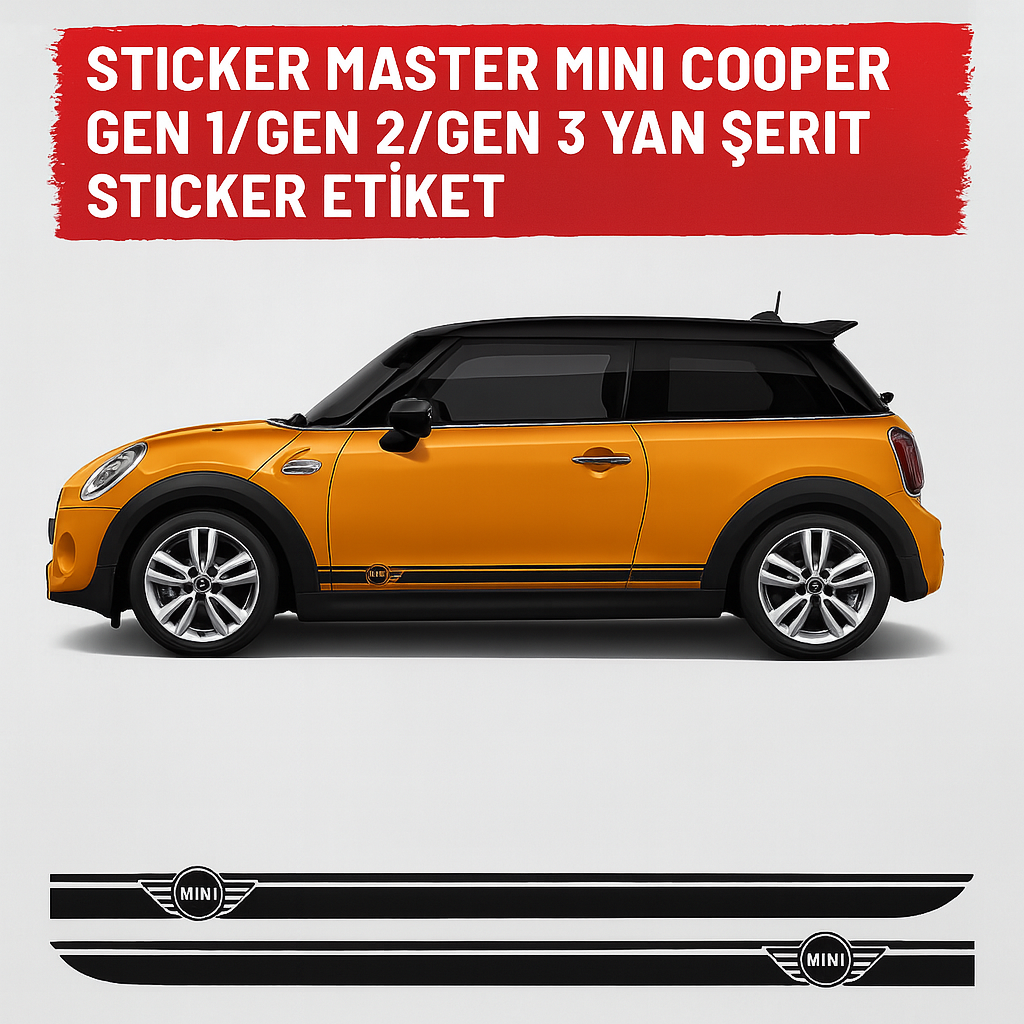 Sticker Master Mini Cooper Gen 1 / Gen 2 / Gen 3 Yan Şerit Sticker Etiket – Sağ ve Sol Takım