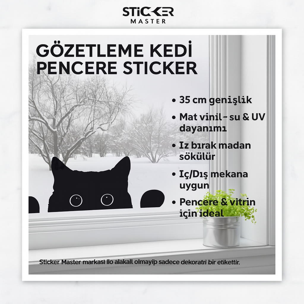 Sticker Master Gözetleme Kedi Pencere Sticker – Sevimli 35 cm Siyah Vinil Dekoratif Etiket