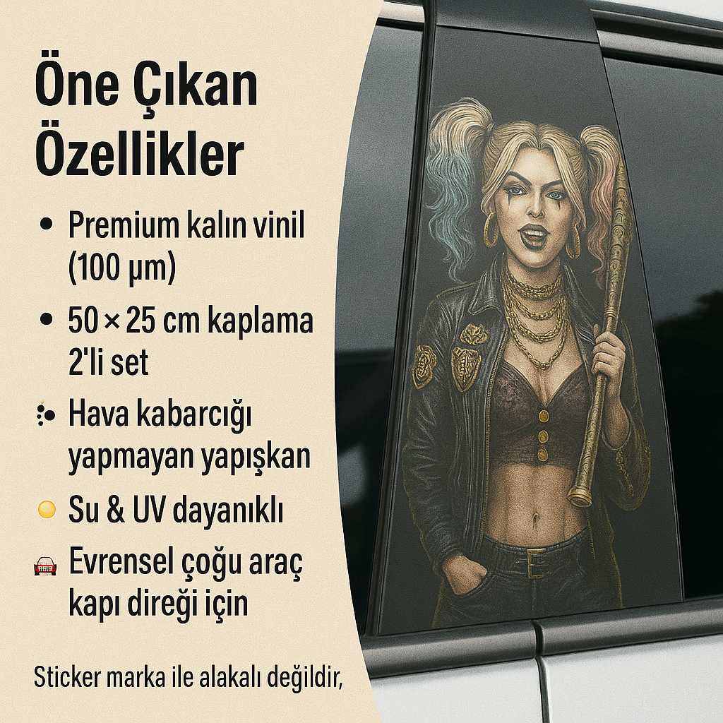 Sticker Master Asi Kız Araç Harley Q. Luxury Kapı Direk Kaplama – 2 Adet 50 × 25 cm (19.7" × 9.8") | Dijital Baskı Vinil Folyo Sticker | Universal Otomobil Kapı Sütunu Wrap