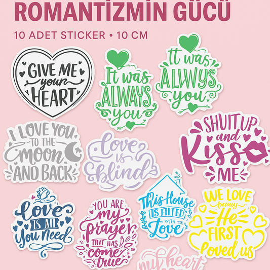 Sticker Master Aşk Temalı Sticker Seti – 10 Adet x 10 cm | Renkli Romantizmin Gücü!