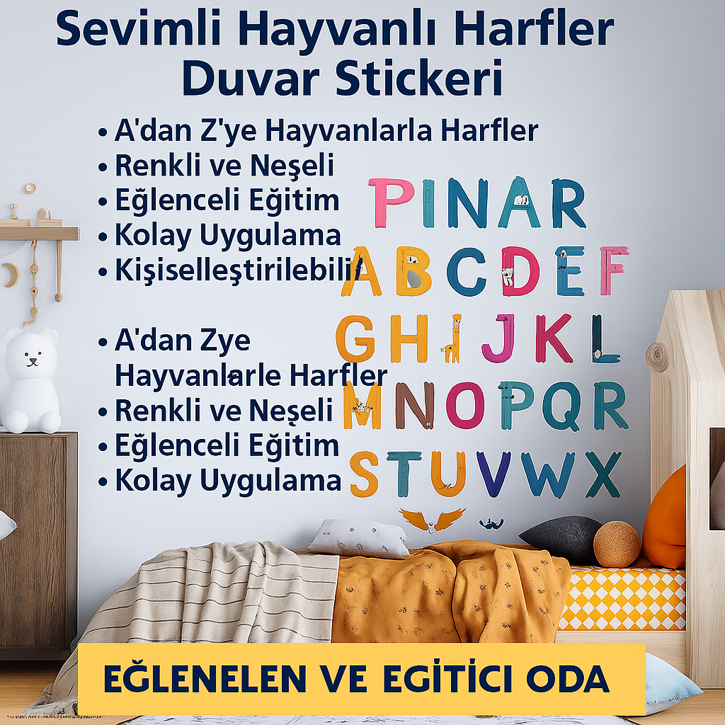 Sticker Master Sevimli Hayvanlı Harfler Dekoratif Bebek Çocuk Odası Duvar Etiket Sticker