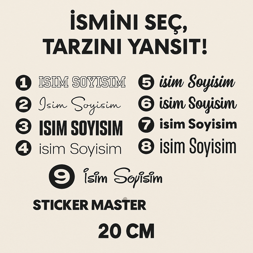 Sticker Master Kişiye Özel İsim Soyisim Sticker – Seçilebilir Font, 20 cm Dayanıklı Etiket