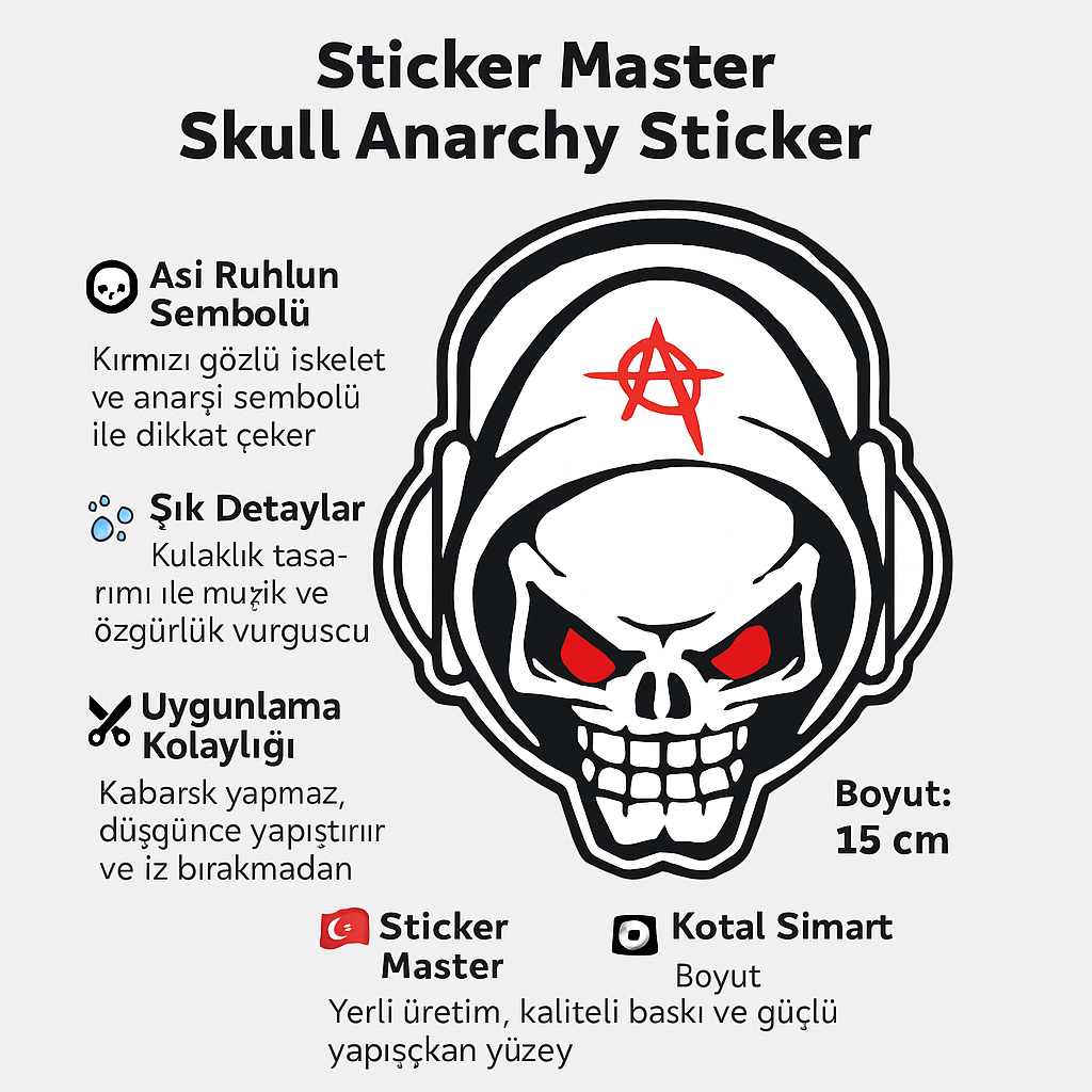 Sticker Master Skull Anarchy Sticker - Motor, Laptop, Kask, Araba Camı İçin Asi Tasarım Etiket - 15 Cm