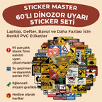 Sticker Master 60’lı Dinozor Uyarı Sticker Seti Laptop, Defter, Bavul ve Daha Fazlası İçin Renkli PVC Etiketler