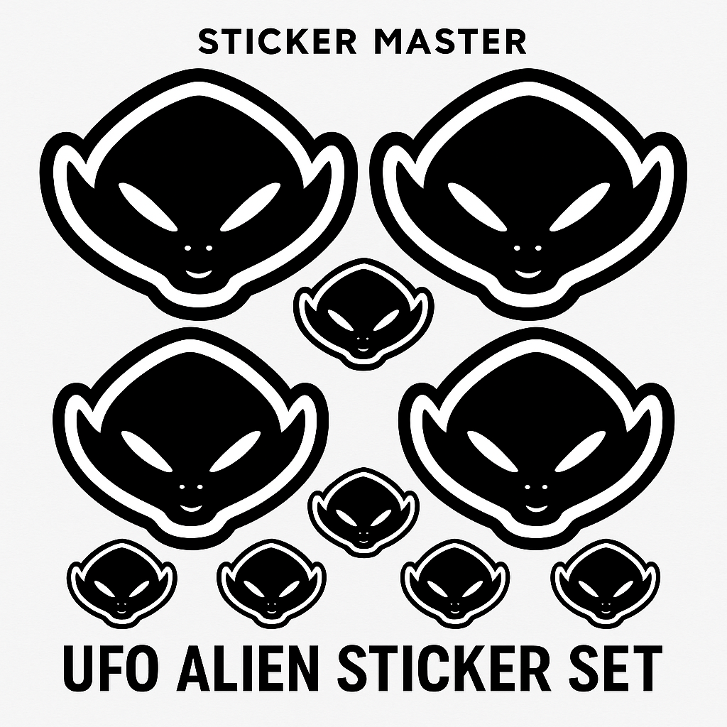 Sticker Master UFO Alien Sticker Seti – 9’lu Uzaylı Temalı Siyah Etiket Seti